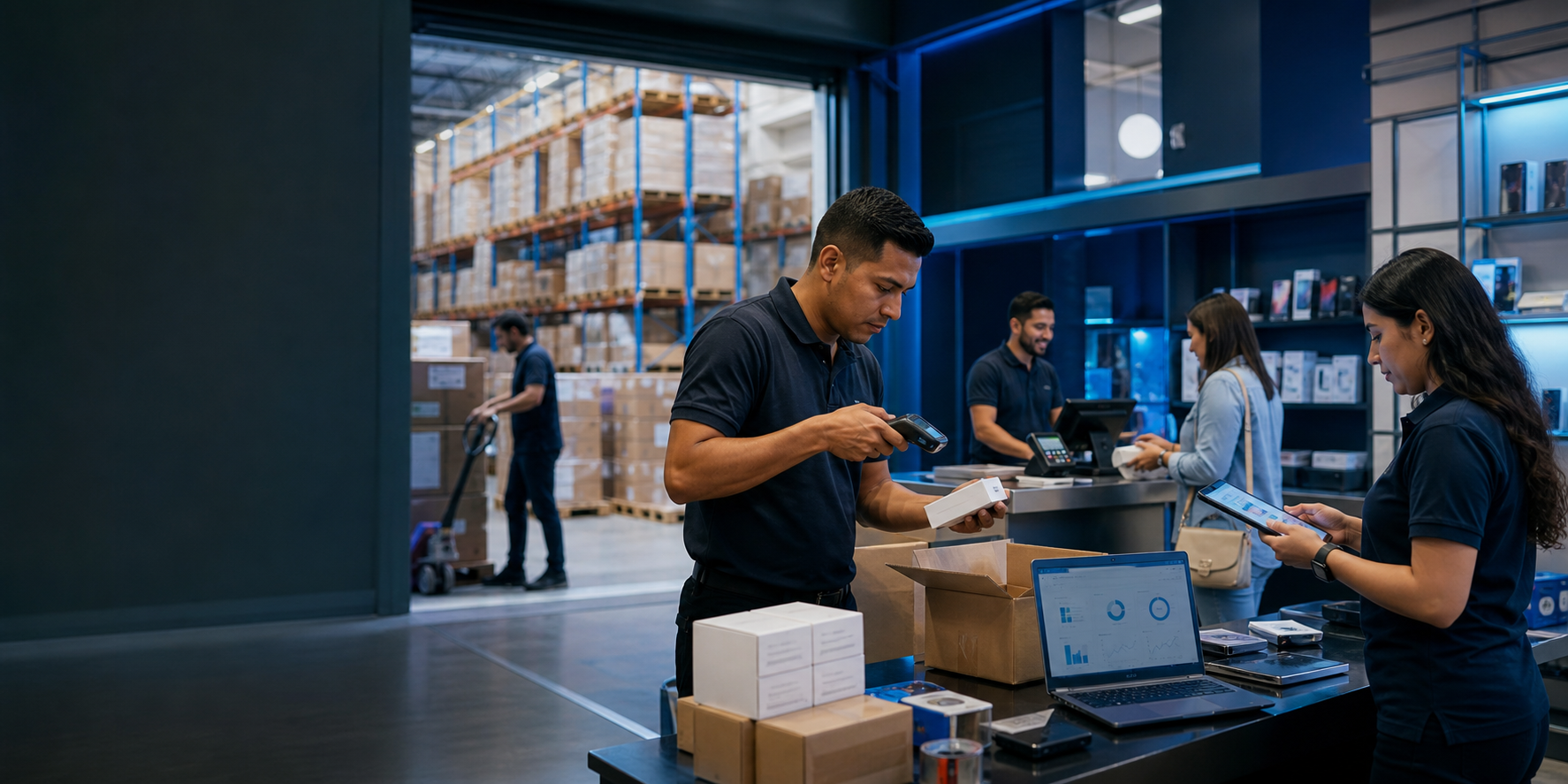 Equipo gestionando inventario, bodega y ventas con tecnología conectada